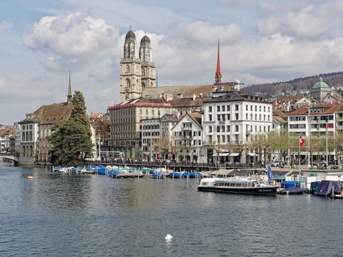 The twin towers of the Grossmünster above the Limmat in Zurich