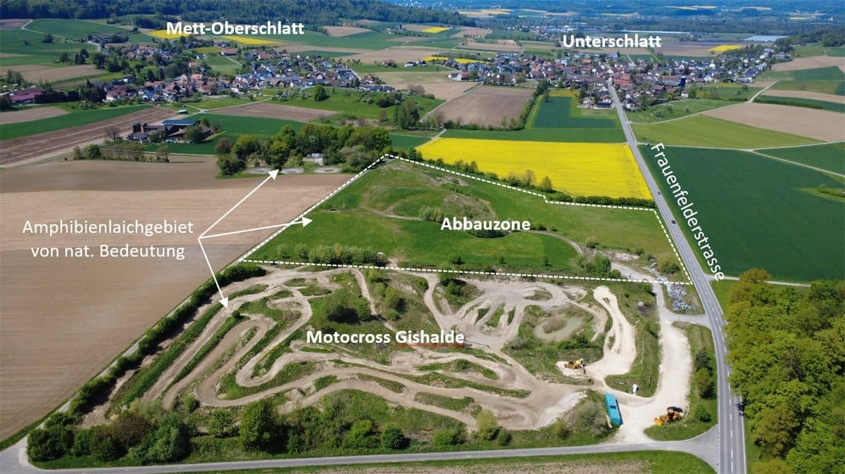 Aerial view of the MX-Academy motocross track Gishalde in Schlatt TG with the surrounding fields and villages