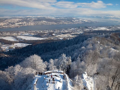 Snowy Uetliberg summit with the view over Zurich and Lake Zurich in winter