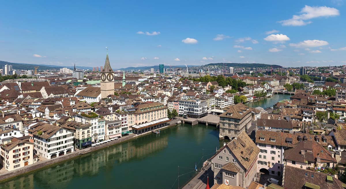 Rooftops of Zurich Old Town on both banks of the Limmat seen from above