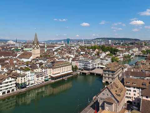 Rooftops of Zurich Old Town on both banks of the Limmat seen from above