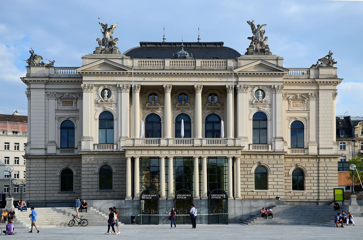 Neo-classical façade of the Zurich Opera House on Sechseläutenplatz