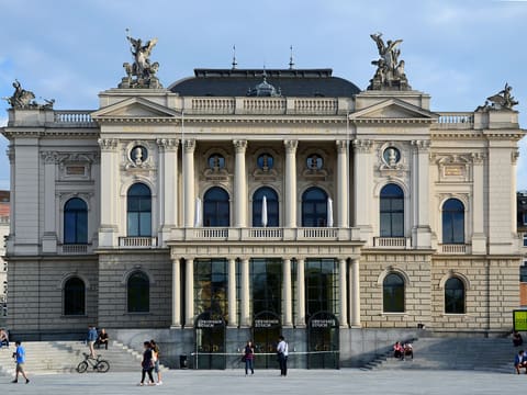 Neo-classical façade of the Zurich Opera House on Sechseläutenplatz